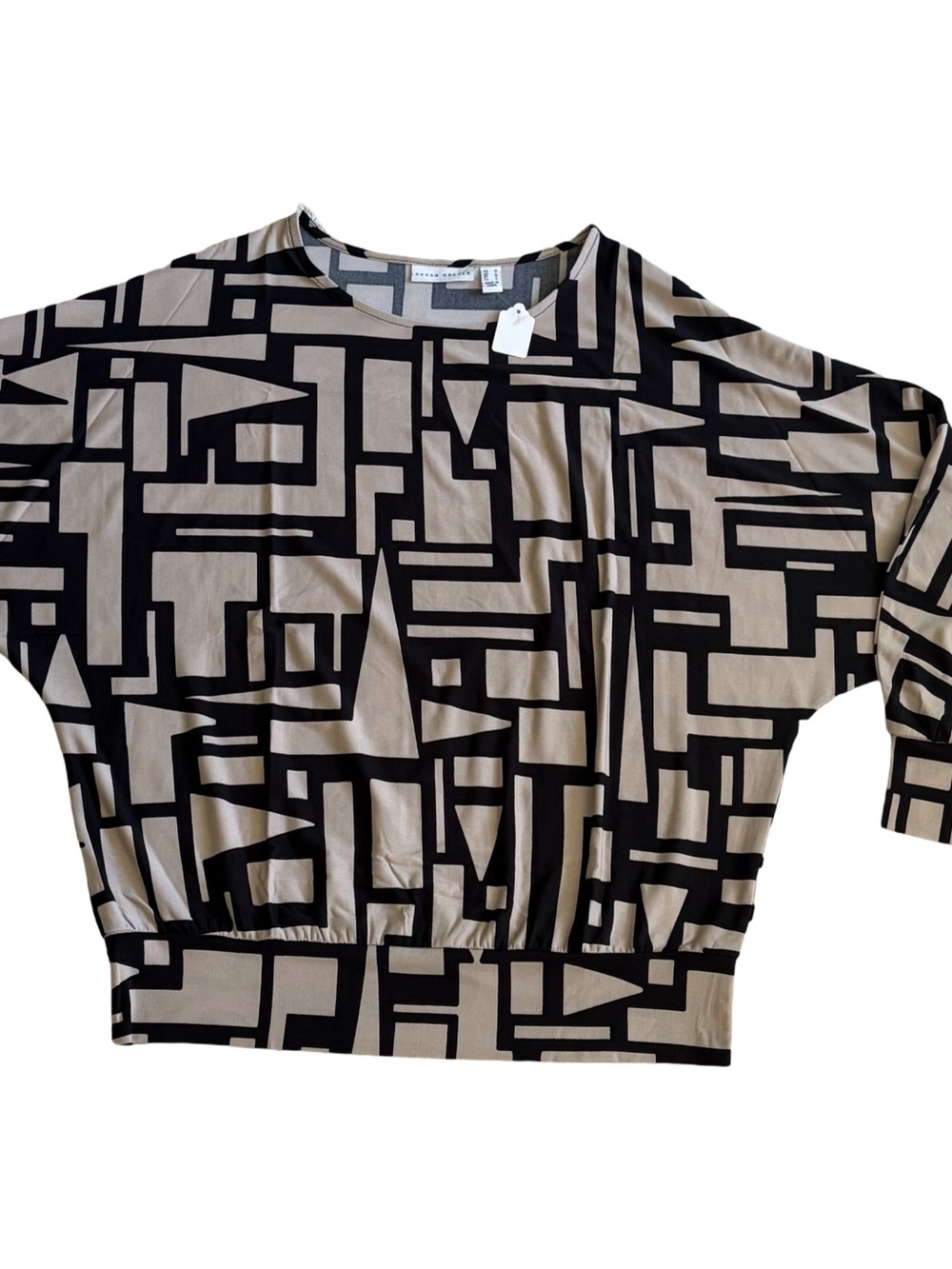 Susan Graver Black Geometric Print Dolman Top in Beige
